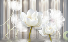 3d Illustration, Light Background With Vertical Stripes, Two Large White Water Lilies And Translucent White Flowers In The Water