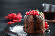 Delicious warm chocolate lava cake with mint and berries on plate, closeup. Space for text