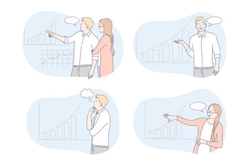 Set of business people concept. Illustrations of business people showing report, presentation or project at office to investors. Collection businessmen and women demonstrating company profit growth