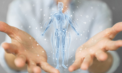 Poster - Woman using digital x-ray human body holographic scan projection 3D rendering