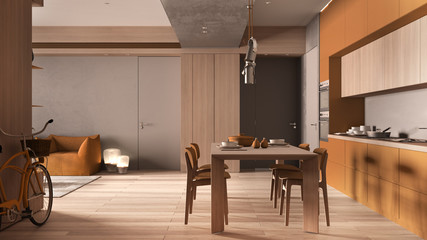 Minimalist kitchen with dining room in orange tones with wooden and concrete details, dining table laid for two, chairs, parquet, armchair, pendant lamps, interior design concept