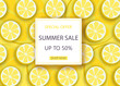 © Helenshi - Summer sale banner template. Liquid summer bubble with lemons. Tropical background and backdrop. Promo badge for seasonal offer, summer promotion, summer advertising. Vector background.