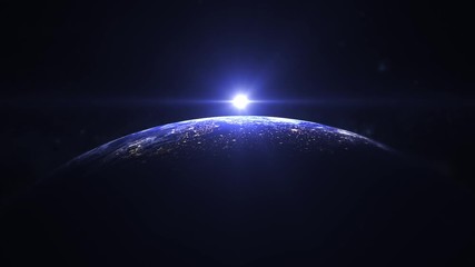Wall Mural - sunrise over the earth. the earth slowly rotates. realistic atmosphere. volumetric clouds. view from