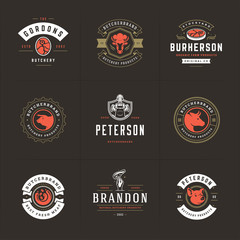 Butcher shop logos set vector illustration good for farm or restaurant badges with animals and meat silhouettes