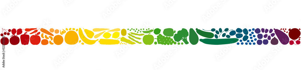 Colorful fruits and vegetables in a rainbow gradient colored row. Seamless extendable horizontal stripe. Isolated vector illustration on white background. - obrazy, fototapety, plakaty 