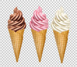 Strawberry, vanilla and chocolate whip soft ice creams or frozen custard in cone on isolated background. Including clipping path.