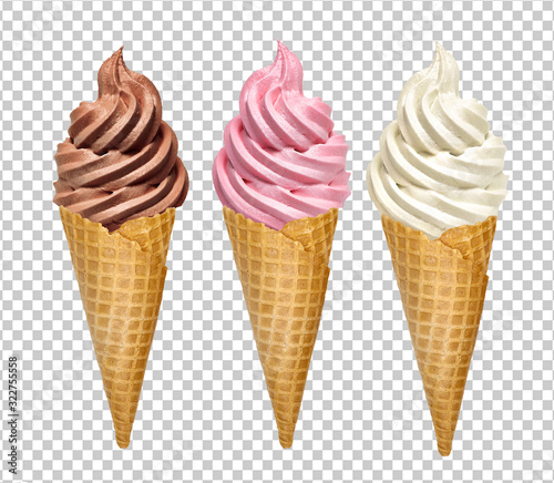 Fotomural Strawberry, vanilla and chocolate whip soft ice creams or frozen custard in cone on isolated background