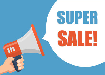 Sticker - Super Sale - Male hand holding megaphone. Flat design. Can be used business company for social media, networks, promotion and advertising.