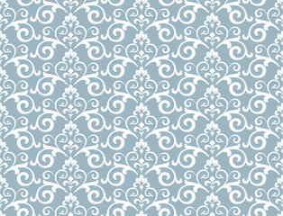 Wallpaper in the style of Baroque. Seamless vector background. White and blue floral ornament. Graphic pattern for fabric, wallpaper, packaging. Ornate Damask flower ornament