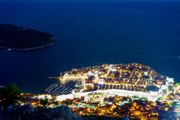 Wall Mural - Aerial night view of Dubrovnik Old town with Adriatic Sea