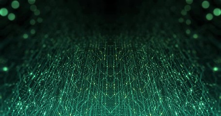Poster - Abstract digital city. Digital Circuit board, Motherboard, Digital chip. Digitalization of Information: IT, IOT, Server, Data Center. Animated Visualization Network Data. 3D render, 4K seamless loop