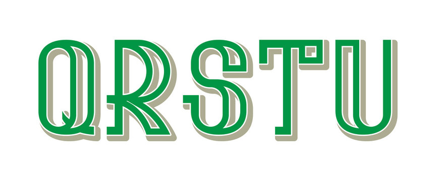 Q, R, S, T, U green gray letters. Urban artistic font.