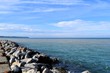 Blue sea and sky. View of Thermaikos Gulf and rocks at Peraia, suburb of Thessaloniki, Greece. 