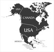North America continent map with countries and labels black