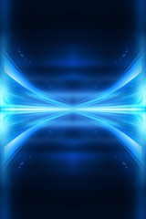 Fototapete - Abstract blue furutic background. Rays and lines, symmetrical reflection, blue neon. Abstract empty scene with beams and light of spotlights.