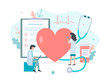 Doctors check heart health. Medicine concept with tiny people. Flat vector illustration.