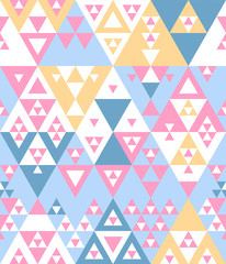 Wall Mural - Pastel colored blue pink yellow and white various triangles geometric abstract ethnic seamless pattern, vector