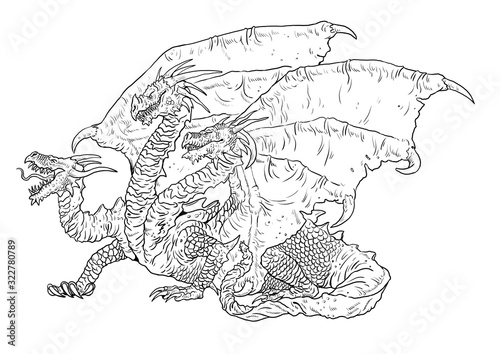 Three Headed Dragon Coloring Page Outline Illustration Dragon Drawing Coloring Sheet Stock Illustration Adobe Stock