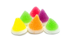 Gelatin Bright Jellies Candy Colorful Cone Design, Gelatin Jelly Sweets, Gummy Sugary Tasty. Soft Gums Viewed From Above. On White Background..