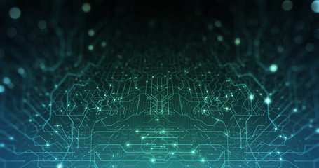 Poster - Abstract digital city. Digital Circuit board, Motherboard, Digital chip. Digitalization of Information: IT, IOT, Server, Data Center. Animated Visualization of Network Data. 3D render