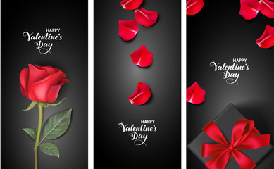 Wall Mural -   Set of valentines day design templates. Black background with hearts, rose and petals. Vector illustration