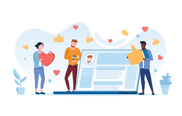 Poster - Online social network concept between friends with an open laptop showing a chat app, a woman holding a heart for dating, man giving a like gesture and guy on a mobile phone, vector illustration