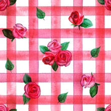 Background With Watercolor Pink Red Roses On Red Stripes Plaid Seamless Pattern