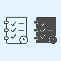 Poster - Check list and timer line and solid icon. Task management planning and clock. Sport vector design concept, outline style pictogram on white background, use for web and app. Eps 10.