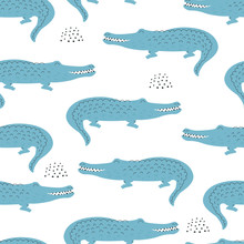 Seamless Pattern With A Cute Blue Crocodile.Vector Illustration For Printing On Fabric, Packaging Paper, Wallpaper. Cute Children's Background.