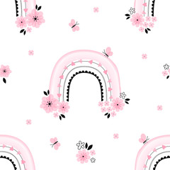 Spring floral rainbow with butterfly vector seamless pattern. Pastel candy pink digital watercolor bow decorative doodle isolated on white background. Whimsical childish drawing for baby girl party