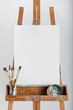 Art Painting Easel With Blank White Canvas Painters Brushes And Paint Tools 