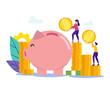 Man and Woman with Coin in Hand near Piggy Bank. People with Coin. Movement Toward Goal. Vector Illustration. Coin and Banknote. Add Coin to Piggy Bank. Favorable Condition for Lending. Money in Hand