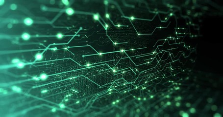 Poster - Abstract digital city. Digital Circuit board, Motherboard, Digital chip. Digitalization of Information: IT, IOT, Server, Data Center. Animated Visualization Network Data. 3D render, 4K seamless loop