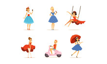 Beautiful Young Women Dressed Retro Style Clothes Collection Vector Illustration