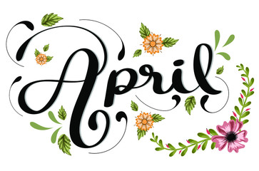 Hello april with flowers and leaves. Illustration april month