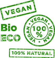 Vegan, Organic Green Vector Stamp Design. Bio, Eco Approved. 100% Natural. Isolated Graphic Element. Green Seal And Health Approved Stamp. Transparent Background 