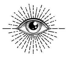 Blackwork Tattoo Flash. Eye Of Providence. Masonic Symbol. All Seeing Eye Inside Triangle Pyramid. New World Order. Sacred Geometry, Religion, Spirituality, Occultism. Isolated Vector Illustration