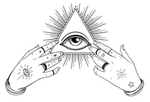 Human Hands Open Around Masonic Symbol All Seeing Eye Over Sacred Heart And Pyramid. New World Order. Alchemy, Religion, Spirituality, Occultism. Color Vector Illustration In Vintage Style Isolated.