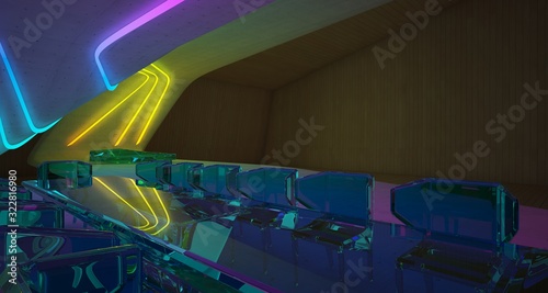 Abstract architectural concrete, wood and glass interior of a minimalist house with colored neon lighting. 3D illustration and rendering. © SERGEYMANSUROV