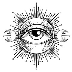 Sticker - Blackwork tattoo flash. Eye of Providence. Masonic symbol. All seeing eye inside triangle pyramid. New World Order. Isolated vector illustration