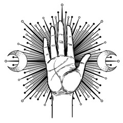 Wall Mural - Vintage Hand. Hand drawn sketchy illustration with mystic and occult hand drawn symbols. Palmistry concept. Vector illustration. Spirituality, astrology, esoteric.