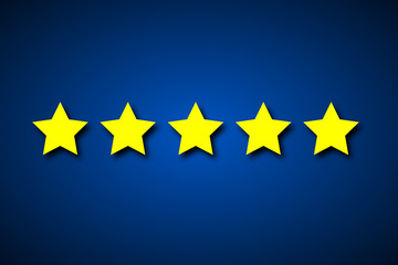 Set five yellow rating stars on blue background, vector illustration of rating satisfaction customer symbol
