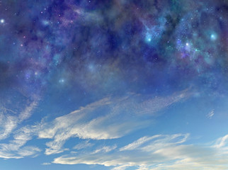 Wall Mural - day and night all at once background - dark blue deep space with many different stars, planets and c