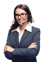 Portrait of smiling customer support phone operator in glasses and grey confident suit, with crossed hands, isolated over white background