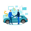 © Mykola - Men Shake Hand. Make Successful Deal. Mens Handshake. Business Meeting. Vector Illustration. Teamwork. Business Partnership. Buying Car. Man in front Blue Car. Conclude an Agreement.