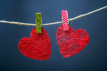 Symbols Of Love. Hearts Of Sisal Fabric. It Dries On A Rope. Handmade