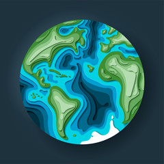 Planet earth in 3d paper cut style. World globe in space. Eco friendly concept for logotype. Vector illustration. Earth day illustration, save mother earth.