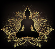 Chakra Concept. Inner Love, Light And Peace. Buddha Silhouette In Lotus Position Over Ornate Mandala. Vector Illustration In Gold Isolated. Buddhism Esoteric Motifs. Tattoo, Spiritual Yoga.