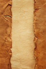 Wall Mural - Vertical oriented old crumpled torn ancient sheets of paper on another vintage sheet of paper with copy space. Template with two sidebars for website, menu, banner, flyer.