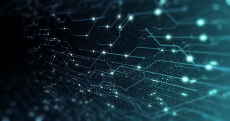 Poster - Abstract digital city. Digital Circuit board, Motherboard, Digital chip. Digitalization of Information: IT, IOT, Server, Data Center. Animated Visualization Network Data. 3D render, 4K seamless loop